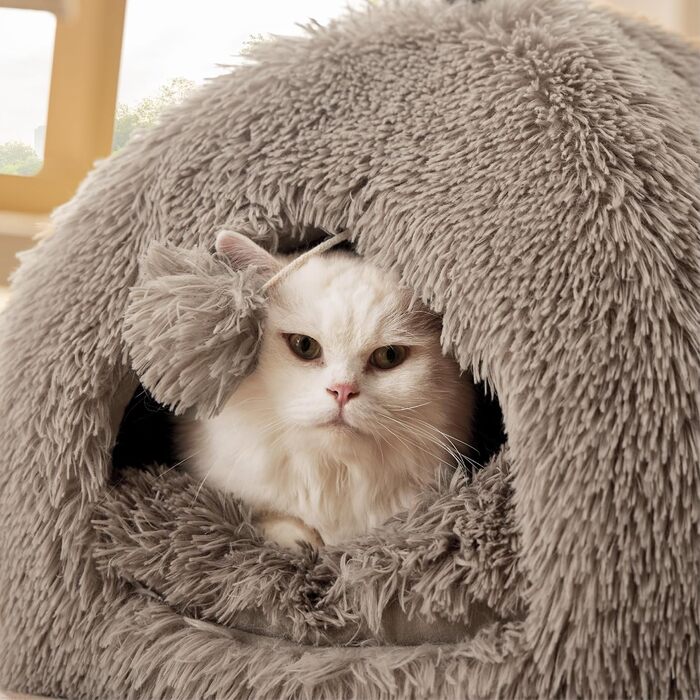 Кішка ліжко BEDSURE велика, кішка печера, 40x40x40 см, плюшеве кішкове будиночок для дому з знімним подушечкою та іграшкою, кішка ліжко BEDSURE, можна прати, (Д 40 x Ш 40 x В 40 см, верблюжий)