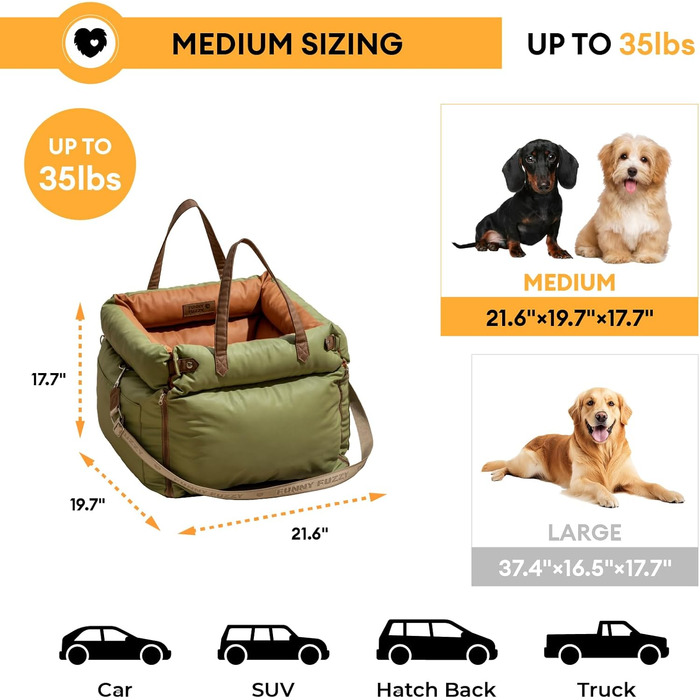 Автокрісло для собак середніх порід Funny Fuzzy, 3-в-1, зелене, водонепроникне, для подорожей та дому, до 15,9 кг