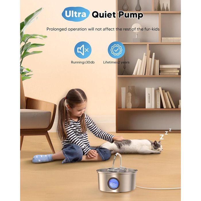 Автоматичний фонтан для котів Kittyspout 3.2L з нержавіючої сталі, прозоре вікно, знімна чаша, тиха помпа, 5-шарова фільтрація