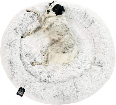 Кругле собаче ліжко-пончик з м'якої тканини, 115 см, сірий перламутровий колір. Підходить для собак маленьких та великих порід. Знімний чохол для зручності миття.