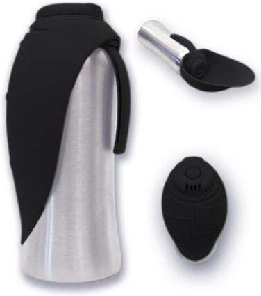 Pacific Paws Поїлка для собак Northwest - переносний диспенсер води, сталева пляшка, силіконовий миска у формі листка, 765 мл, чорний