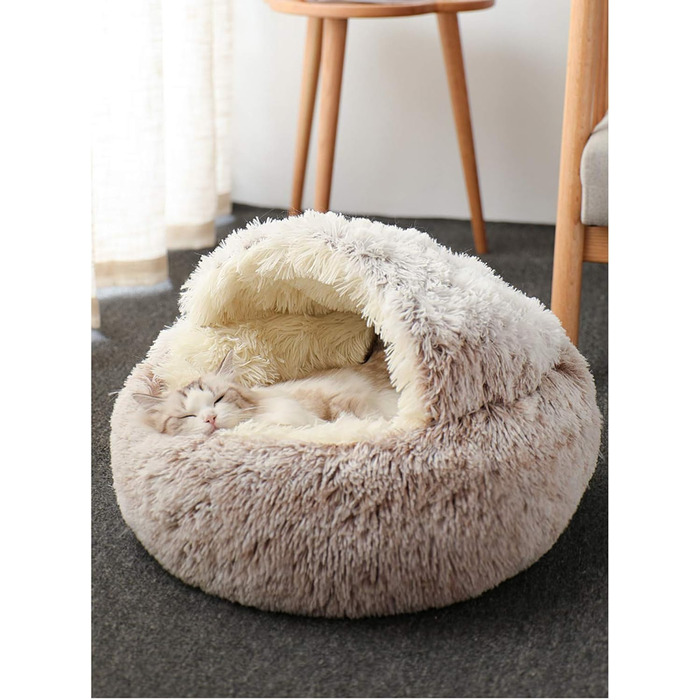 М'який лежак-мішок для котів з плюшу, самонагрівальний, антиковзаюча підстилка для котів, лежанка-печеринка, колір кава, прання можливе