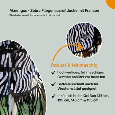 Деки для коней Marengos Zebra з бахромою, 155 см: захист від комах, з вирізом для сідла та начолею, чорно-білий колір, зовнішня деки для коней