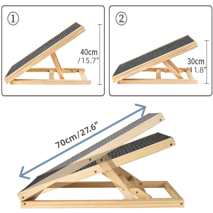 Складана рамка для собак Hunderampe з дерева, 4 секції, регульована висота 30-60 см, для маленьких та великих собак, антиковзаюча поверхня, 70 x 35 x 30/40 см