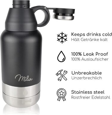 Водяна пляшка для собак Milu 950 мл з мискою для корму - ізольована сталева пляшка для собак, чорна