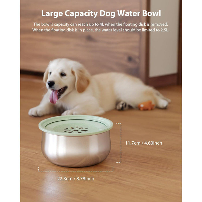 Миска для води для собак Stouchi, не розливається, нержавіюча сталь, велика місткість, повільний диспенсер води, антиковзаюча, для подорожей, зелений колір