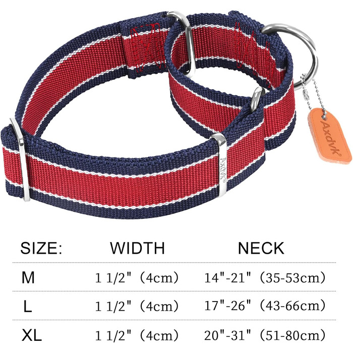 Нашийник для собак Martingale, 4 см, міцний нейлон 1600D, анти-вислизання, з трикольоровими смугами, для собак середніх та великих порід (M), сіро-блакитний & чорний, розмір 43-64 см
