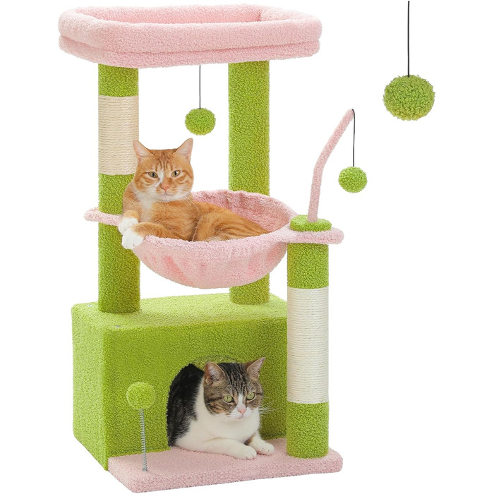 Котячий комплекс PAWZ Road для кімнатних котів, рожевий, 83 см – з гамаком, сизалевим стовпчиком, лежаком та ігровою вежею