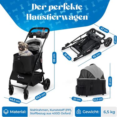 Візок для собак Tierbox до 10 кг, для маленьких собак та котів, сірий, складний, QuickFold