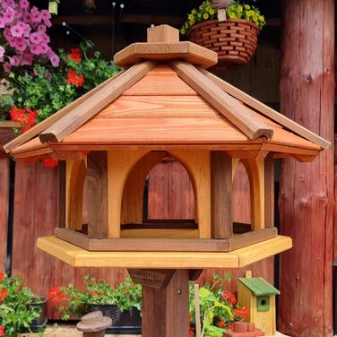 Дерев'яна шестигранна годівниця для птахів Vogel Futter Haus, садова кормушка для диких птахів, коричнева/червона/жовта