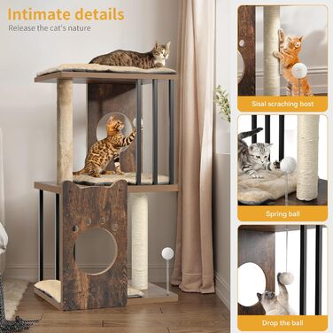 Дерев'яний кігтеточка YITAHOME 90 см з 3 рівнями для великих котів, кігтеточний комплекс з подушками, іграшками (пір'їнка, помпон), у кольорі 