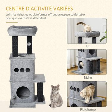 Дряпка для котів PawHut Cosy Chic, багатофункціональний ігровий комплекс з будиночком, платформами, лежаком і ігровим м'ячем, знімний та миючий фетровий плед, плита ДСП, плюш, 48x48x100 см, сірий
