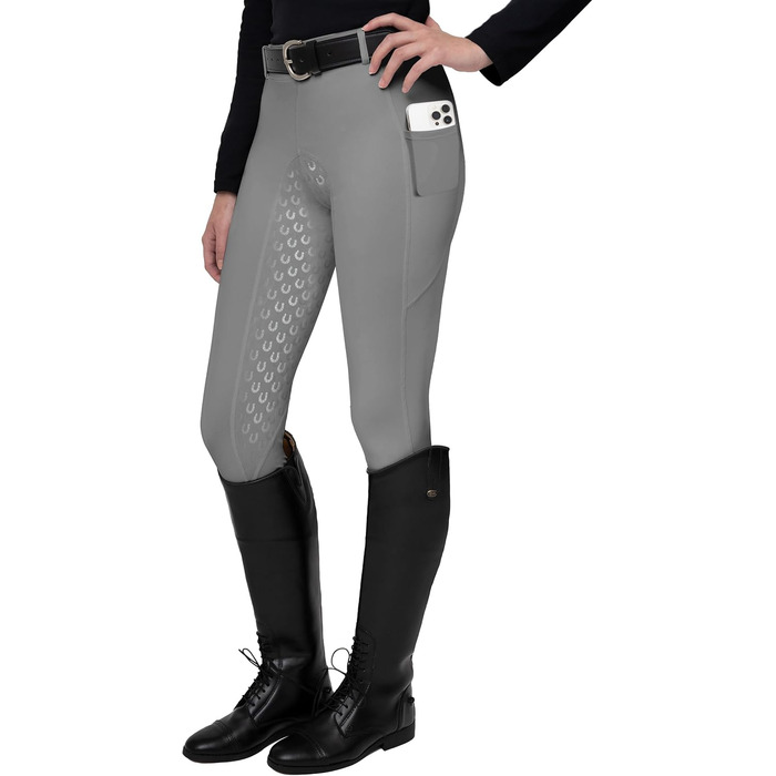 Легінси для верхової їзди FitsT4 для жінок, сірі, з силіконовою підкладкою, кишенею для телефону та петлями для ременя (розмір M)