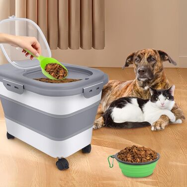 Контейнер для зберігання сухого корму для собак 7-10 кг, складаний з колесами, мірним ковшем та мискою, герметична бокс-ємність для корму, сірий