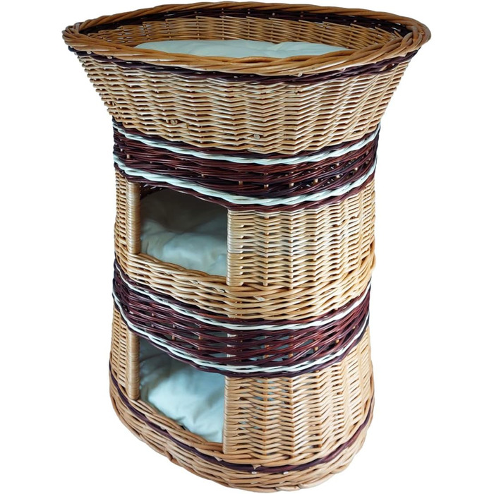 Плетене котяче ліжко з лози, 3-ярусне, з подушкою бежевого кольору