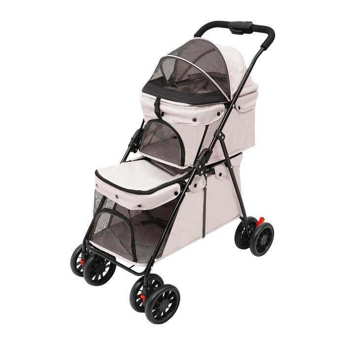 Двоповерховий візок для собак, складаний візок для котів з ременями безпеки, гальмами, вантажопідйомність до 15 кг на кожному поверсі, для собак та котів середніх та малих порід, сірий