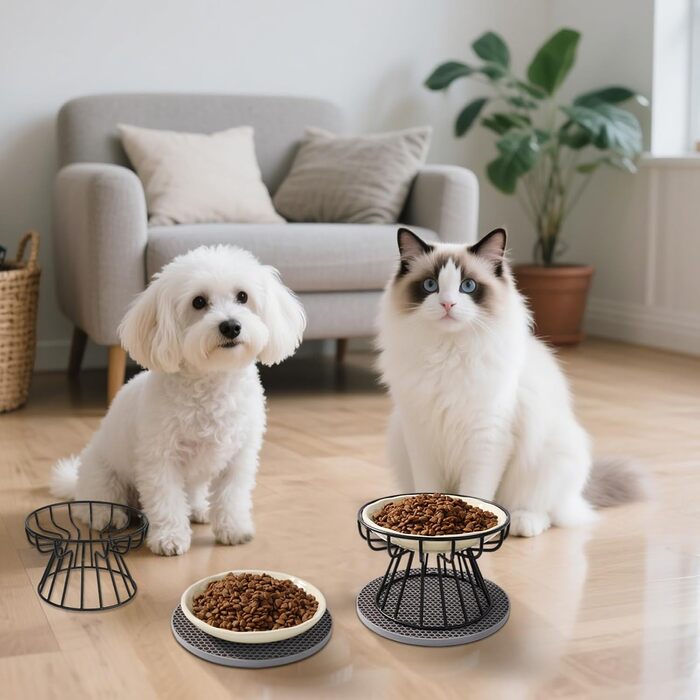 Набір мисок для котів (2 шт) з підставкою, керамічні миски для корму та води, силіконовий килимок, бежевий колір