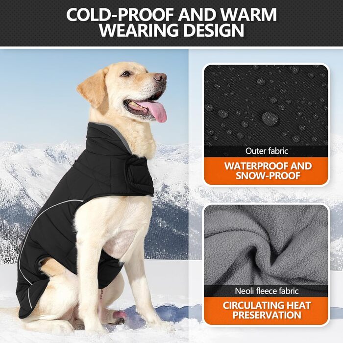 Зимова куртка для собак середніх та великих порід: тепла флісова жилетка, водонепроникна, з D-початком, шнурком та 2 еластичними стрічками, чорного кольору, розмір L