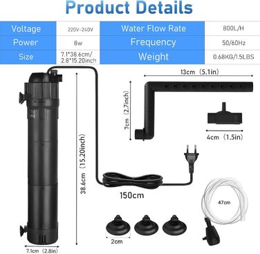 Фільтр для акваріума, 800 л/год, 8 Вт, внутрішній, з підсвічуванням, для акваріумів до 250 л