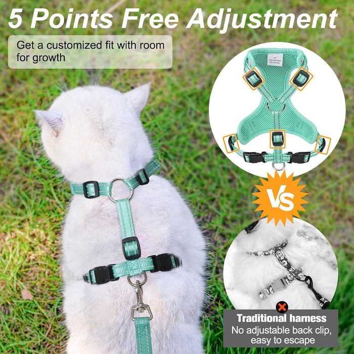 Шлейка для котів та кошенят BEAUTYZOO з повідцем 152 см, світловідбиваючий комплект для прогулянок, дихаюча сітка, розмір S (обхват грудей 28-40 см), ананасово-зелений