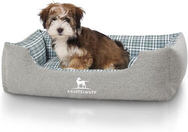 Ліжко для собак Knuffelwuff Lennard з велюру в клітинку, сіро-зелене, M-L, 85 x 63 см. Знімний, пральний чохол. Підходить для собак великих, середніх та маленьких порід.