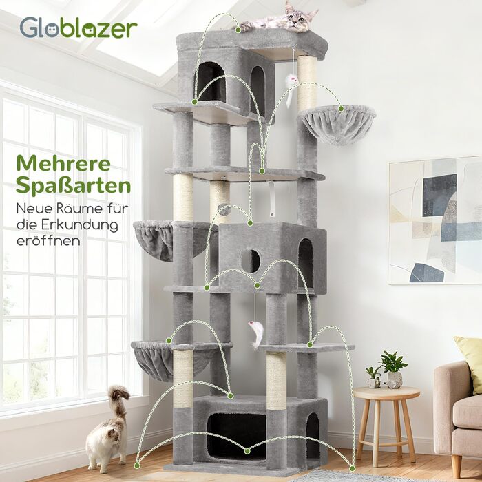 Драбина для котів Globlazer 204 см з 3 будиночками, 2 великими платформами, 3 м'якими кошиками, стабільна для 3-5 котів, для відпочинку, ігор та дряпання, сірий колір (XXL)