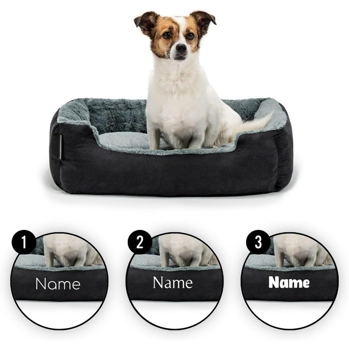 Килимок для собак Lionto з двостороннім подушками та неслизьким дном, міцний лежак для домашніх тварин з глибоким входом для собак та котів будь-якого віку, 50x37 см, м'який лежак для собак, (Д 60 x Ш 48 x В 18 см (з нанесенням імені), чорний/сірий)