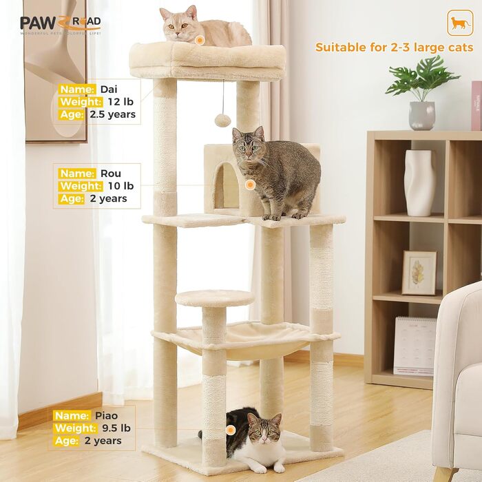 Когтеточка PAWZ Road для котів, з металевим плюшевим гамаком, котячий комплекс 143 см, 2-рівневе будиночок, 6 полиць, сірий
