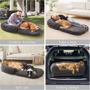 Крісло-ліжко для собак великих порід, 188 x 111,8 x 25,4 см, розкладне, плюшеве, ортопедичне, сірого кольору, для людей та тварин