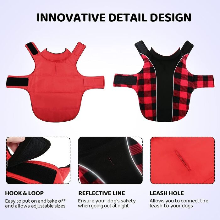 Теплий зимовий одяг для собак, куртка з захистом живота, зимова куртка для собак зі світловідбиваючими елементами, двостороння куртка-сорочка для собак з отвором для повідка, червоний колір, розмір XL X-Large