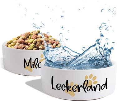 Керамічний подвійний набір мисок з іменем для собак та котів 'Дві маленькі лапки' - персоналізований набір мисок з/без підставки | Миска для собак, годівниця, миска для їжі | Годівниця (2 x 1300 мл)