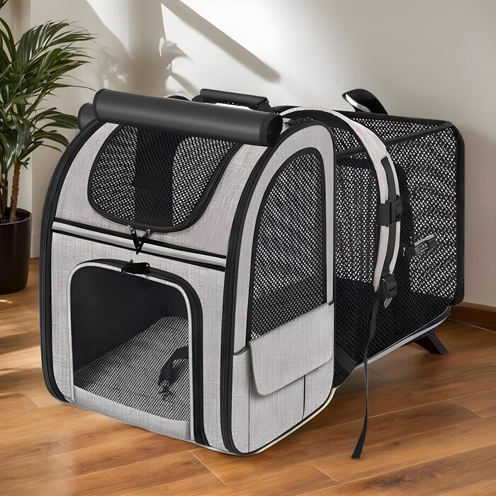 Рюкзак для котів та маленьких собак | Транспортна сумка для домашніх тварин, дихаюча, розкладна, для подорожей, прогулянок, сірого кольору з зеленими вставками