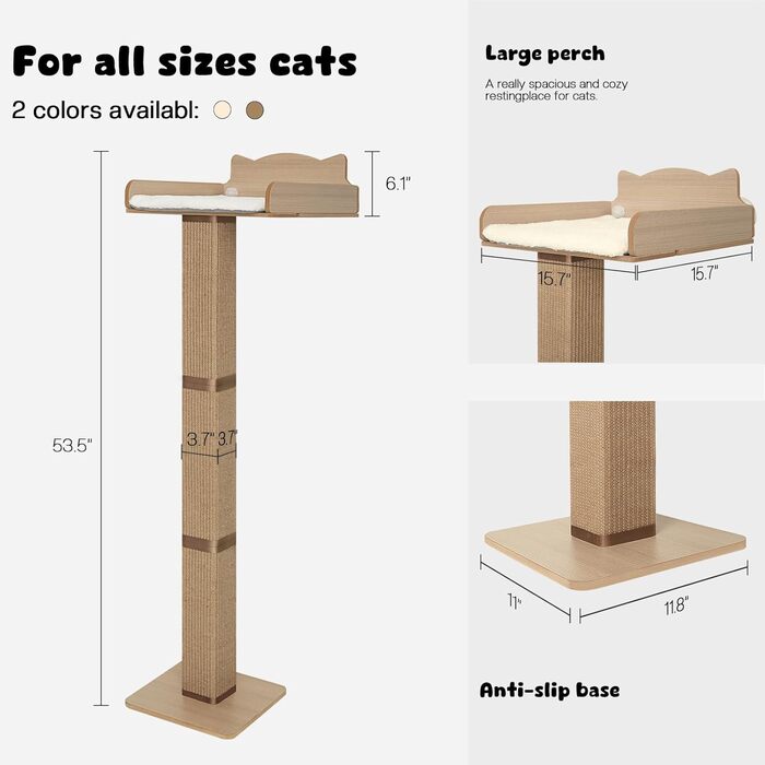 Кігтеточка для котів на вікно з товстого сизалю, гамак для котів, 135.9 см, регульована, висока, кігтеточка з 2 покращеними присосками, ліжко для котів на вікно з м'якою подушкою, джутовий килимок