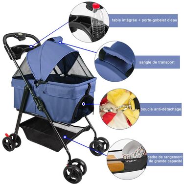 Дитяча коляска для собак та котів, складана, до 15 кг, з підстаканниками (Bleu, 50*65*99см)