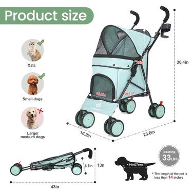Дитяча коляска 3-в-1 для собак та котів, складна, з регульованою ручкою, 6 коліс, дихаюча сітка, великий об'єм (Блакитно-зелений)
