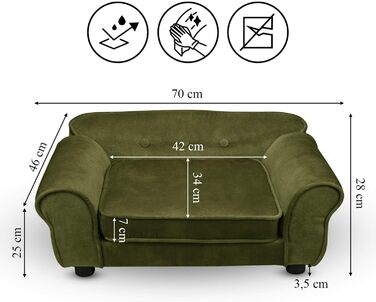 Диван-лежак для собак і котів MG Design, зелений велюр, з підлокітниками та спинкою, для дрібних і середніх тварин