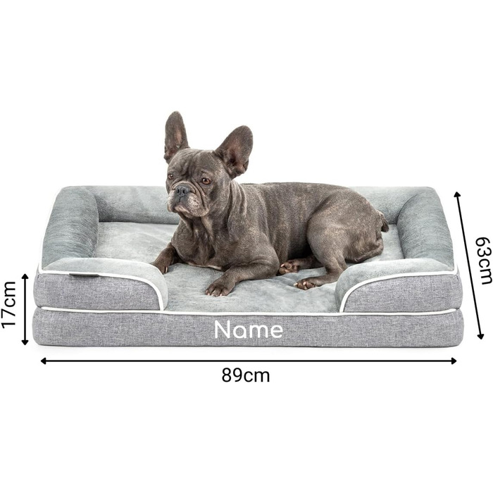 Ортопедичне ліжко для собак Lionto з піднятим бортиком, 89x63x17 см, міцне собаче ліжко з м'яким фланелевим наповнювачем, знімний та пральний чохол, неслизьке, для маленьких та великих собак та котів, сіре (з іменним нанесенням)