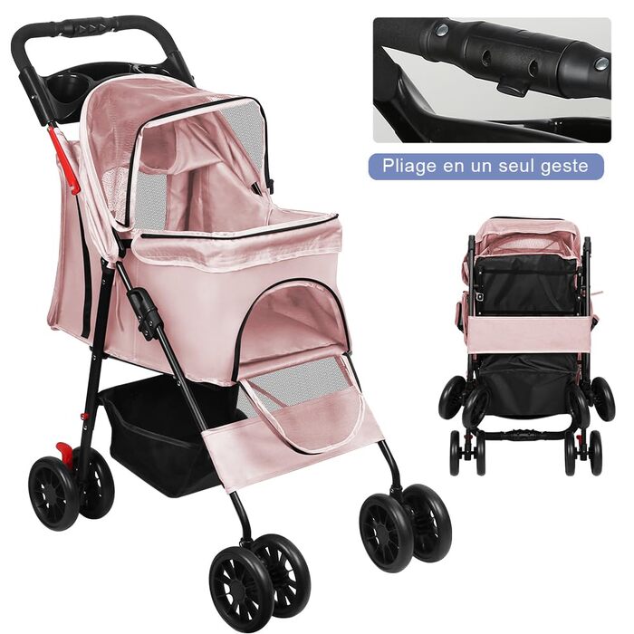 Дитяча коляска для собак та котів Homewell, складана, до 20 кг, з ременями на плече, багажником та тримачем для напоїв (Рожева)
