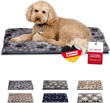 HS-Hundebett® Лежак для собак середній 65x95 см, двосторонній, м'який, 3 см наповнювач, для дивану, авто та переноски, сірий з лапкою, вироблено в Німеччині