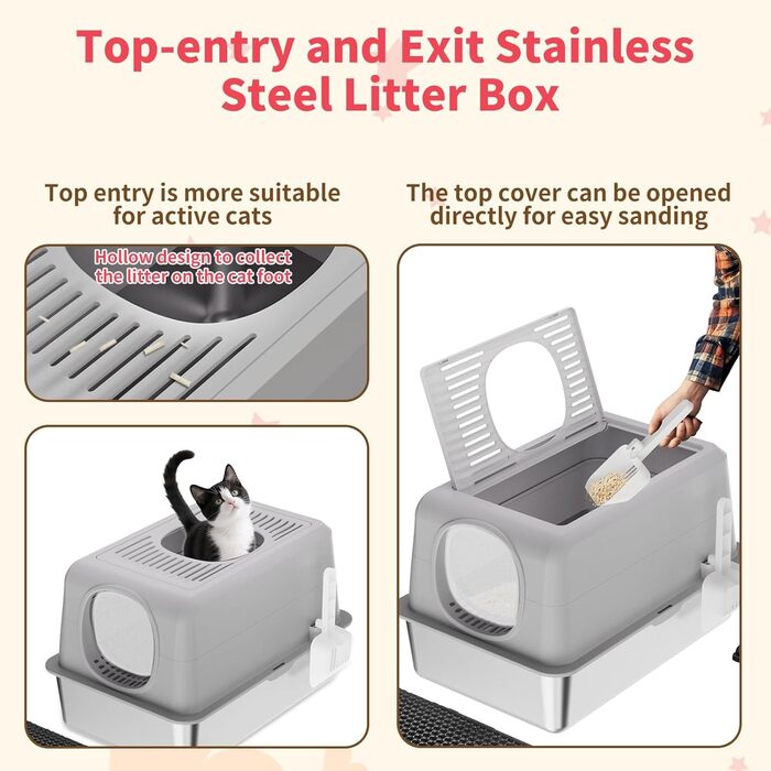 Лотку для котів з нержавіючої сталі з кришкою, великий, для великих котів, з совоком та килимком сірого кольору