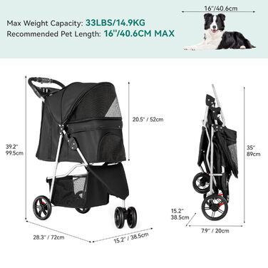 Візок для собак та котів YITAHOME 15 кг, чорний, з трьома колесами, сітчастим вікном та гальмами