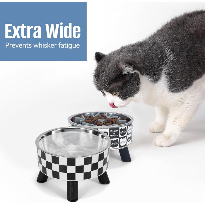 Набір мисок для котів з повільним годуванням (2 шт.) - широкі, з нержавіючої сталі, підставка з пластику та силікону. Ідеально для котів з чутливими вусиками. Фідер для води та корму.