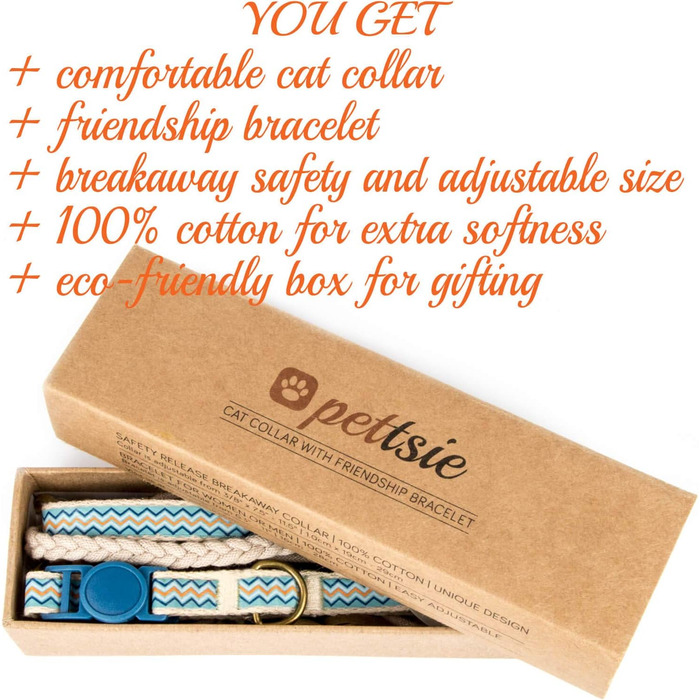 Нашийник для кота Pettsie з безпечною застібкою та браслетом дружби, міцна бавовна, D-подібне кільце для аксесуарів, регульований розмір 19-29 см, блакитний