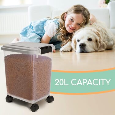 Контейнер для корму Nobleza 20 л на колесах, герметичний, прозорий, з кришкою та совком, для собак і котів, 2 шт, сірий