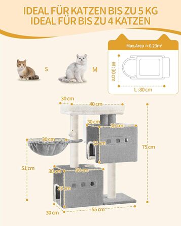 Дерево для кігтів Hzuaneri Kratzbaum 75 см, кігтеточка для котів з лежаком, будиночком, сизалевими стовпчиками та іграшками, сірий колір, MS07618LG