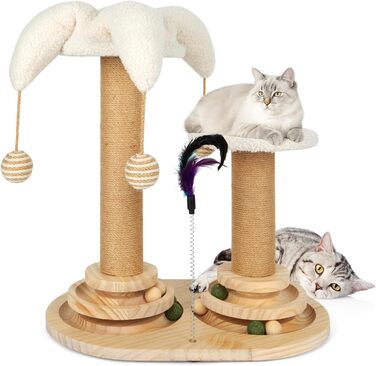 Інтерактивна іграшка для котів 6 в 1, дерев'яні котячі меблі з підвісними кульками, пір'ями, поворотним шариком, котячий когтетоп з сизалю та джуту для кошенят та середніх котів, зелений (білий)