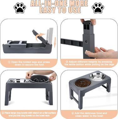 Підвищений годівниця для собак, регульована висота, підставка, 4 рівні, повільне годування, миска для собак з нержавіючої сталі для малих, середніх та великих собак (сіра)