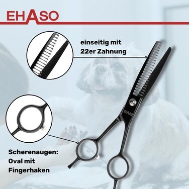 Професійна ножиця для грумінгу собак EHASO 22 зубчики, 17 см, чорний титан