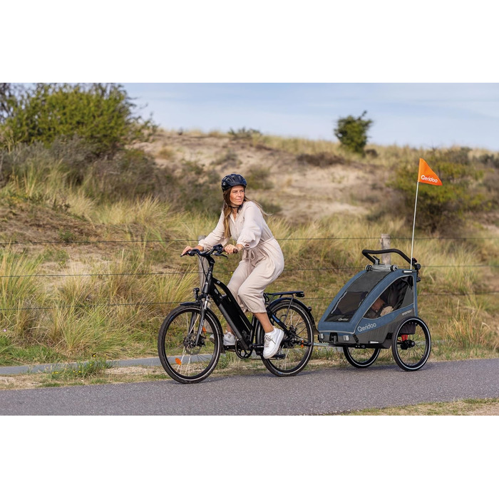 Qeridoo Sportrex 2 Limited Edition Jeans Blue: Дитячий велопричіп для 2 дітей, 360° обертове колесо, захист голови