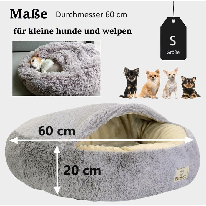 Кругле ліжко для собак та котів Donut Ø 60 см з дахом, плюшеве, з штучного хутра, для маленьких та середніх собак
